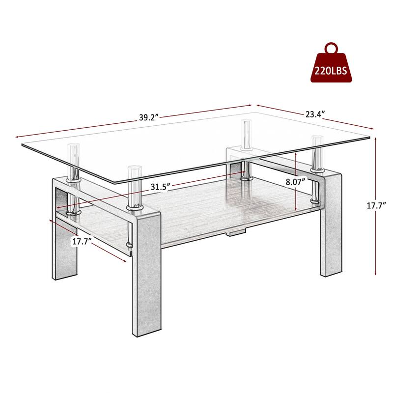 39x24'' Rectangle Coffee Table with Tempered Glass Tabletop for Living Room