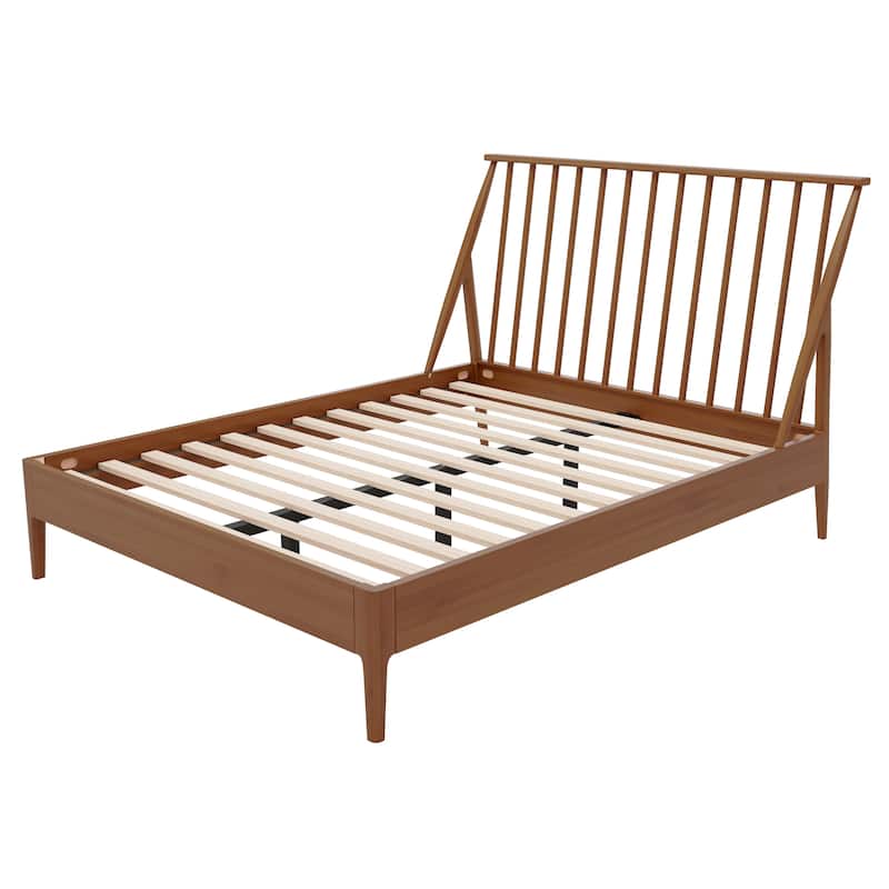 Bohemian Bamboo Spindle Platform Bed Frame with Wooden Slats and Metal Support, No Box Spring Needed, Low Profile Wingback Bed
