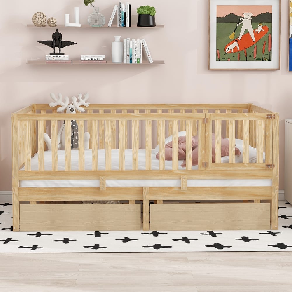 Solid Wood Daybed Split into Independent Floor Bed & Daybed with Fence Guardrails and 2 Drawers