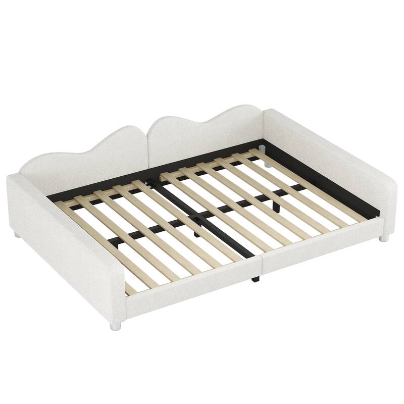 Cloud Shape Backrest Daybed, Sherpa Fabric Sofabed with 2 Armrests, Wood Platform Bed Frame, Floor Bed, No Box-spring Needed