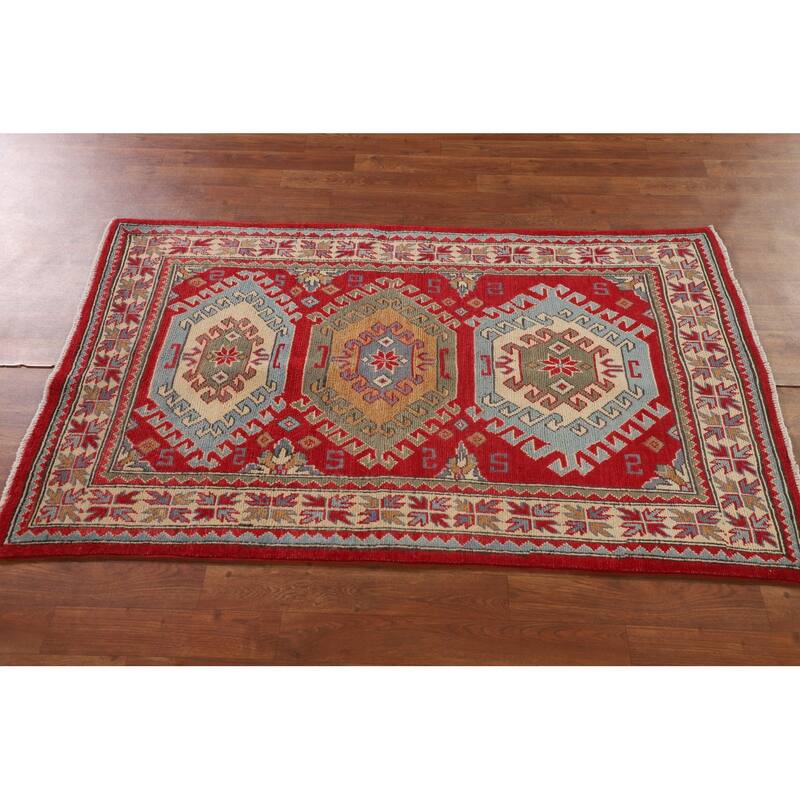 Traditional Kazak Oriental Accent Rug Handmade Red Wool Carpet - 3'2"x 5'1"