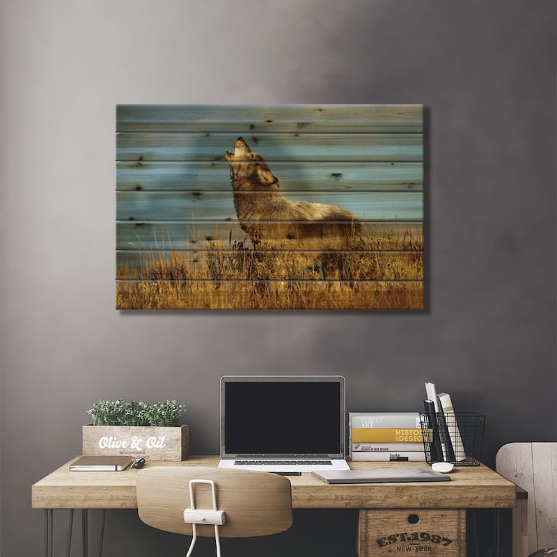 Timber Wolf Adult Howling, Teton Valley, Idaho Print On Wood by Tom Vezo - Multi-Color