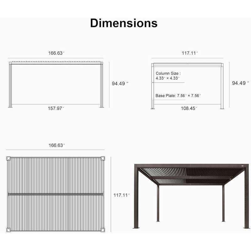 PURPLE LEAF Bronze Louvered Pergola with Adjustable Roof for Deck Backyard Garden Hardtop Gazebo