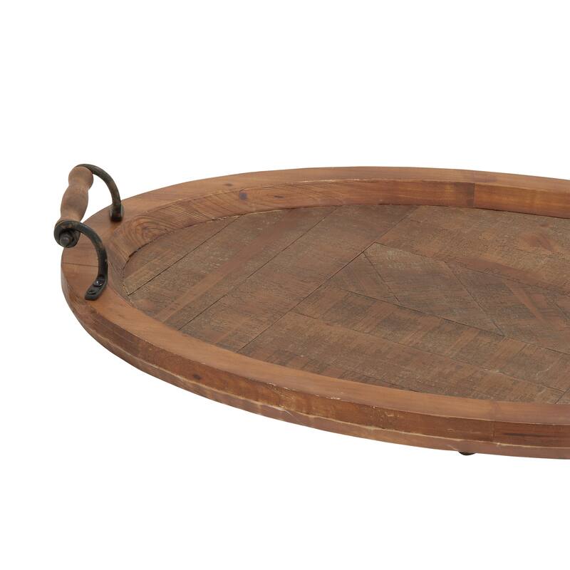 Brown Wood Large Oval Living Room Decor Tray with Scroll Metal Handles