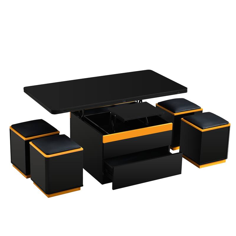 Lift-Top Coffee Table with 4 Storage Stools, Center Table with Foldable Top, Multi-Functional Adjustable Coffee Table