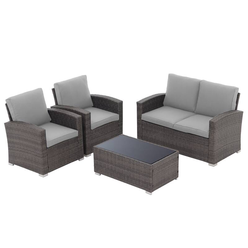 4 Person Patio Rattan Conversation Set with Grey Cushions Outdoor Tempered Glass Table