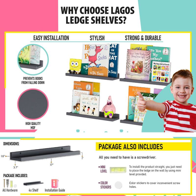 Wallniture Lagos 17" Kids Wall Shelves Floating Nursery Bookshelf Picture Ledge Toy Storage Organizer, Set of 4 - N/A