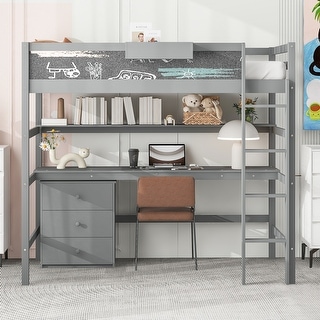 Space-Saving Twin Size Loft Bed with Desk, Blackboard, Storage Box, Shelf & 3 Drawers