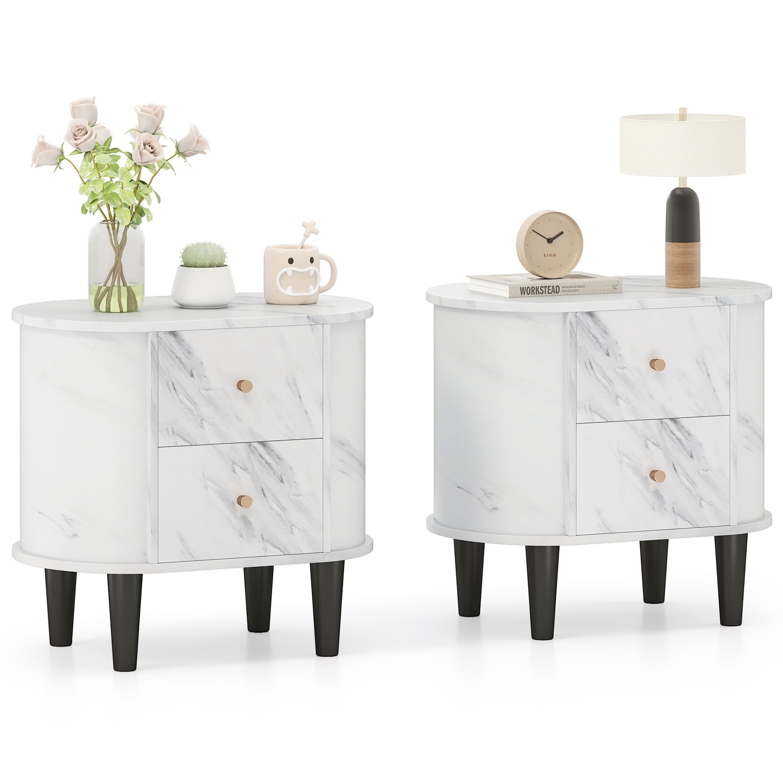 Gymax 2PCS Nightstand w/ 2 Drawers Faux Marble Bedside Table for Small