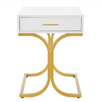 Mid-Century Modern Retro White Lacquer and Gold Brass Accent Metal Bedside Nightstand with Single Drawer and Bold Curved Stand