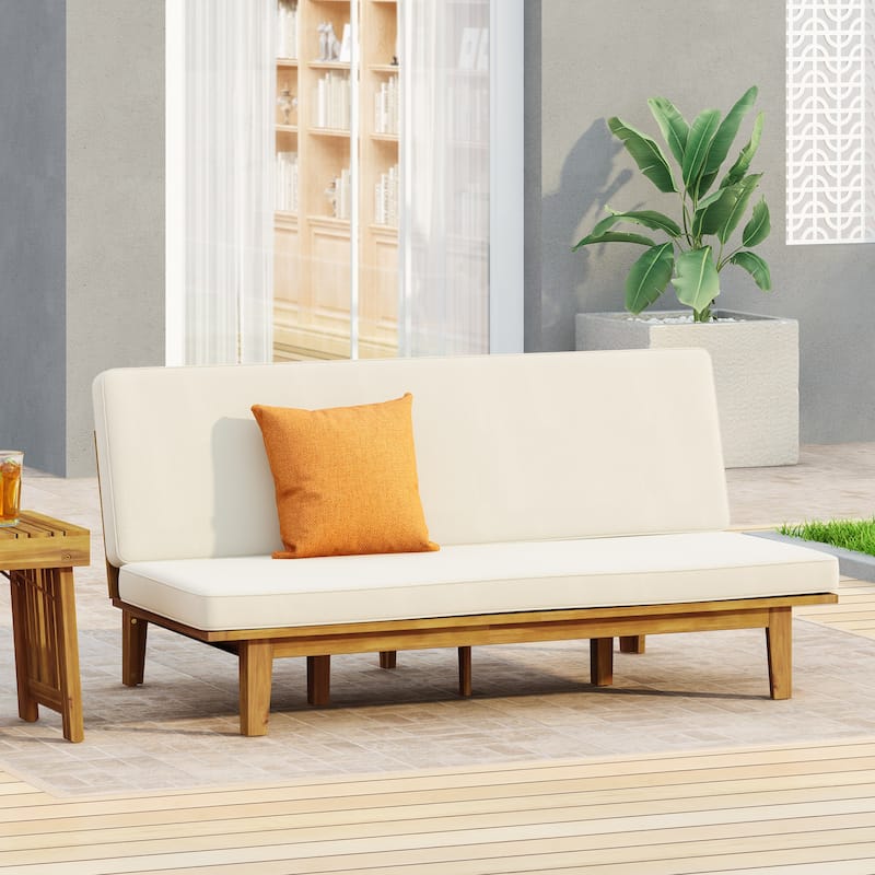 Roomfitters Adjustable Outdoor Wooden Bench with Slatted Backrest and Mid-Century Modern Design, Beige+Teak - Beige
