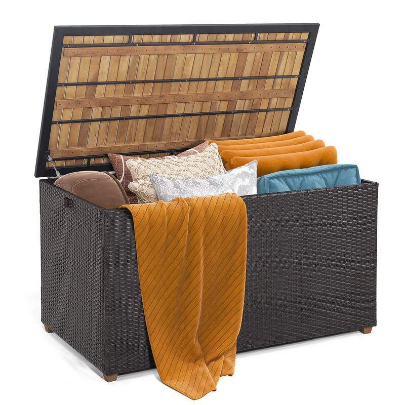 Gymax 134 Gallon Patio Wicker Storage Deck Box w/ Solid Acacia Wood - Brown