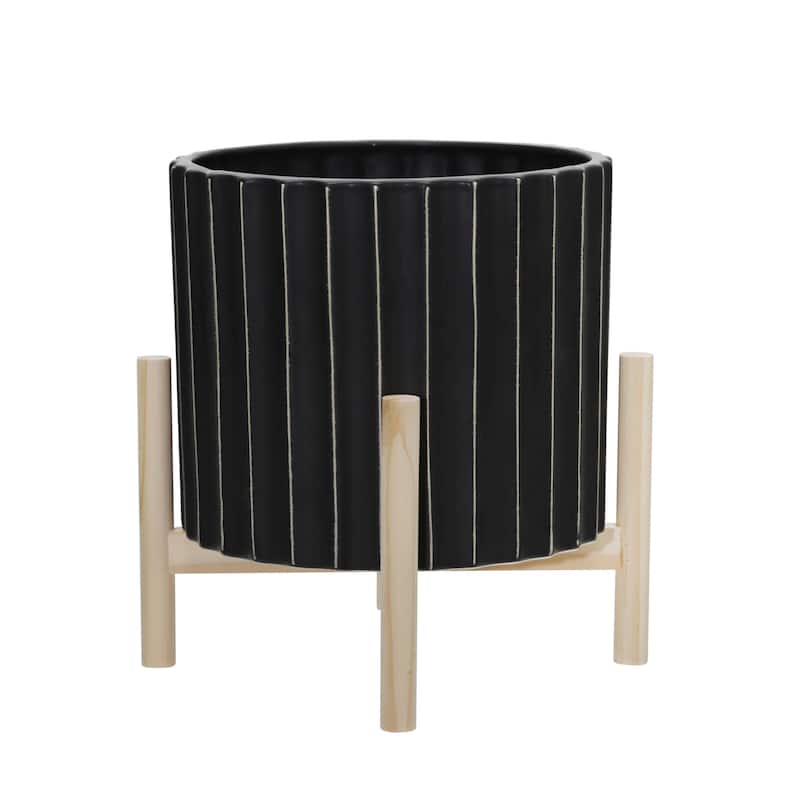 Black Handmade Ceramic Planter with Wood Stand and Fluted Design - 10.0" x 10.0" x 12.0"