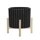 12" Ceramic Fluted Planter with Wood Stand, Black 12"H - 10.0" x 10.0" x 12.0"
