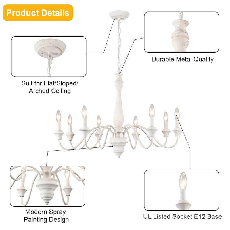 8-Light Farmhouse Candle Style Chandelier for Dining Room Living Room Bedroom Kitchen - W31.49"x H20.66"