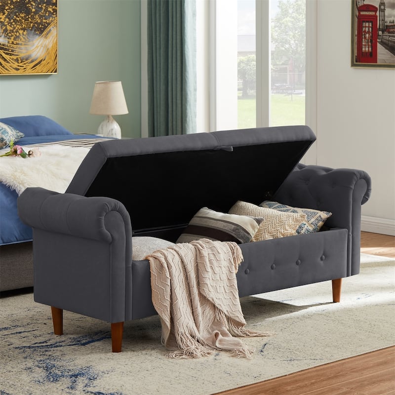 Storage Ottoman Bench with Safety Hinge, Upholstered Storage Bench with Seating for Living Room - Dark Grey