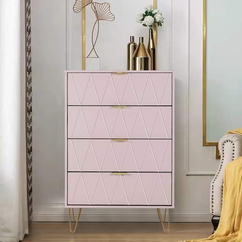 4 Drawers Chest Of Dresser Tall Storage Tower Cabinet with Metal Legs For Bedroom Living Room - Pink