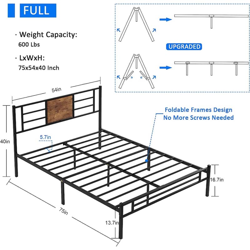 Javlergo Metal Platform Bed Frame with Wood and Metal Headboard, No Box Spring Needed