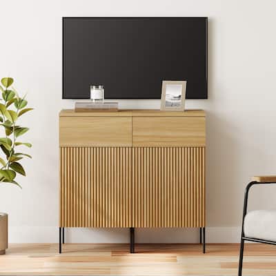 31.5" Modern Reeded TV Stand With Charging Station, Entertainment Center With Adjustable Shelves