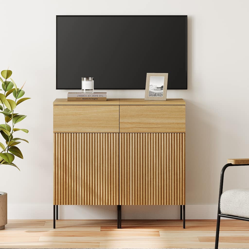 31.5" Modern Reeded TV Stand With Charging Station, Entertainment Center With Adjustable Shelves