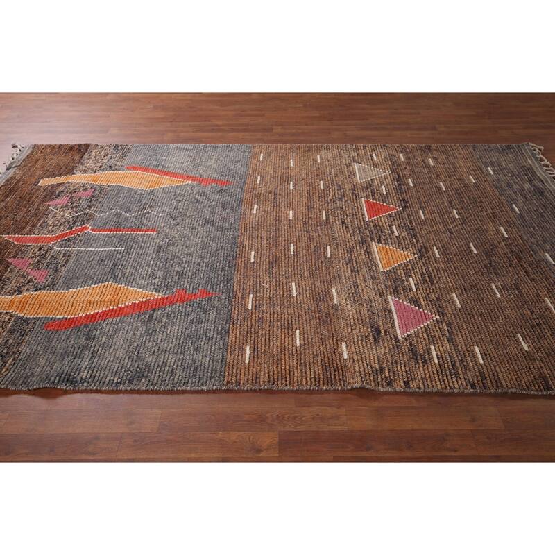 Brown Striped Moroccan Area Rug Hand-Knotted Wool Carpet - 5'10"x 9'3"