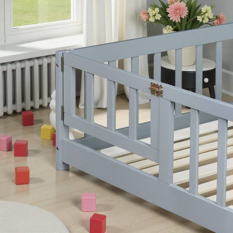 Queen Size Rubber Wood Floor Bed with Fence and Door, Montessori Platform Bed with Safety Guardrails for Kids
