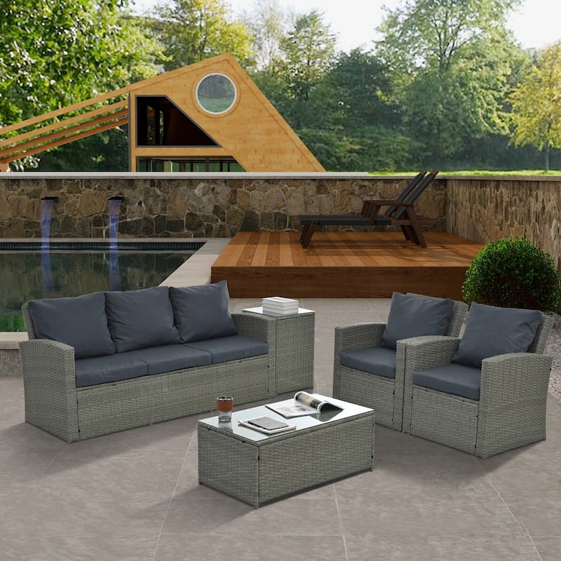 Seasonal PE Wicker Furniture set 5 piece With Tempered Glass Table Top
