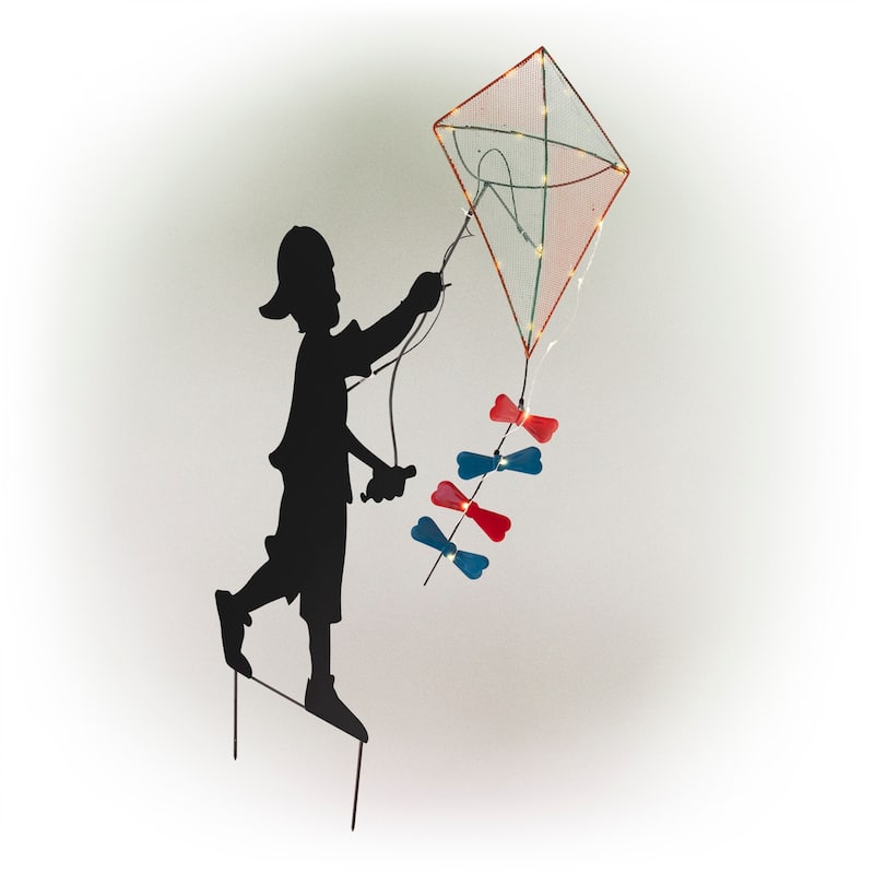 Alpine Corporation 41" Tall Outdoor Solar Powered Garden Stake Boy Silhouette Flying Kite with LED Lights