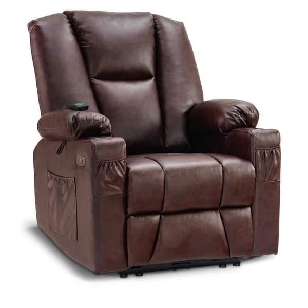 slide 1 of 27, Mcombo Electric Power Recliner with Massage & Heat, Extended Footrest, 2 USB Ports, Side Pockets, Cup Holders, Faux Leather 8015 Dark Brown