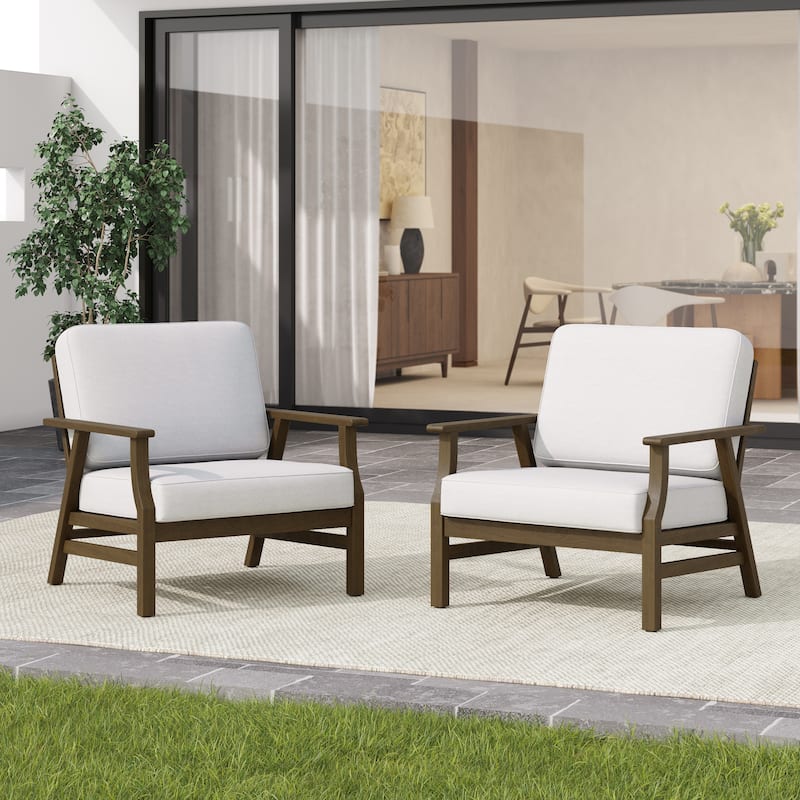 2 Set Outdoor Club Chairs with Cushions Teak Wood Patio Chairs - Beige/BROWN WOOD