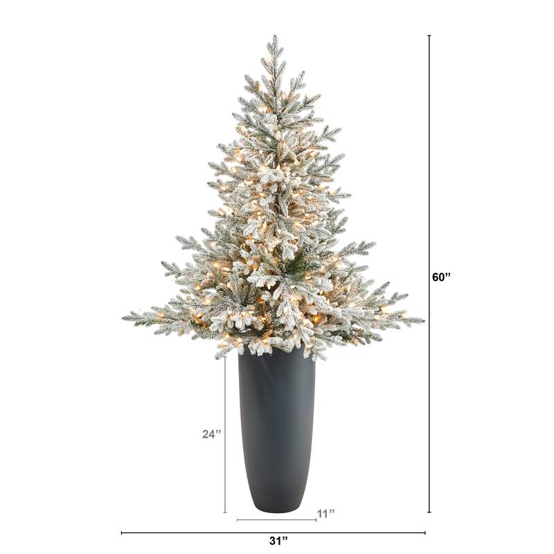 5' Flocked Artificial Christmas Tree with 300 Lights in Gray Planter