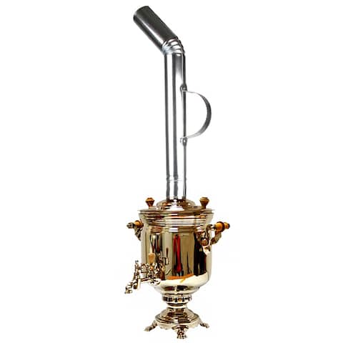 Charcoal Burning Gold Brass Russian Samovar w/ Smoke-Stack