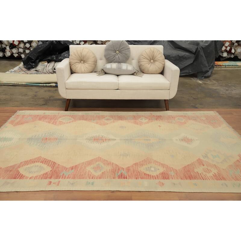Hand Woven Oriental 100% Wool Carpet Southwestern Tribal Beige & Ivories Kilim Area Rug - 8' 11'' X 5' 8''
