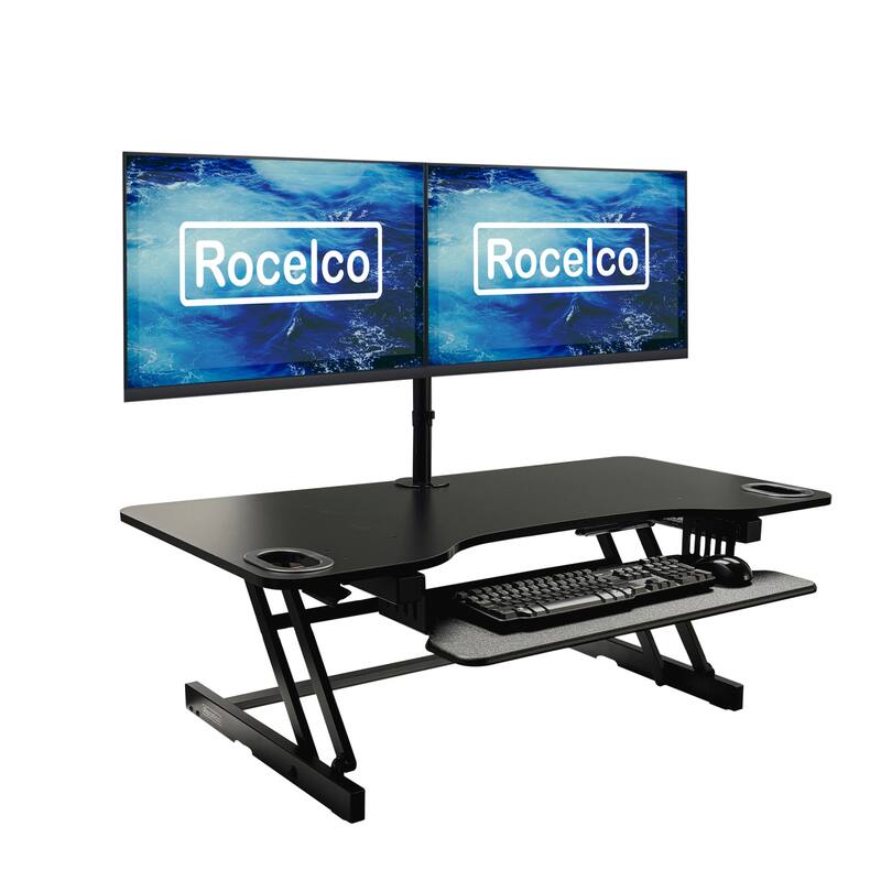 Rocelco 45 in. W Black Height Adjustable Standing Desk Converter with Dual Monitor Mount and Triple Screen Riser Platform