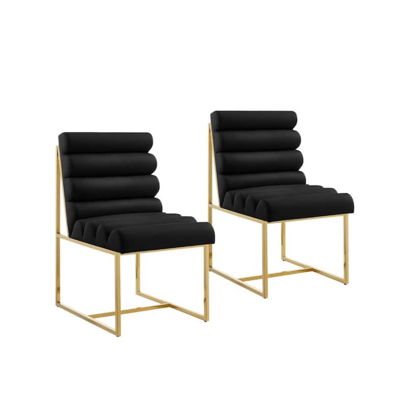Set of 2 Modern Faux Leather Armless Dining Chairs with Gold Steel Legs and Tufted Back for Living Room - 37”H x 27.8”W x 19.8”D