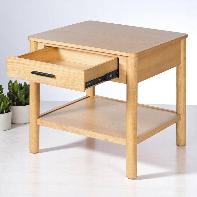 24" Rubber Side Table with Drawer and Shelf,End Table with Geometric Base,Accent Table nightstand for Living Room or Bedroom