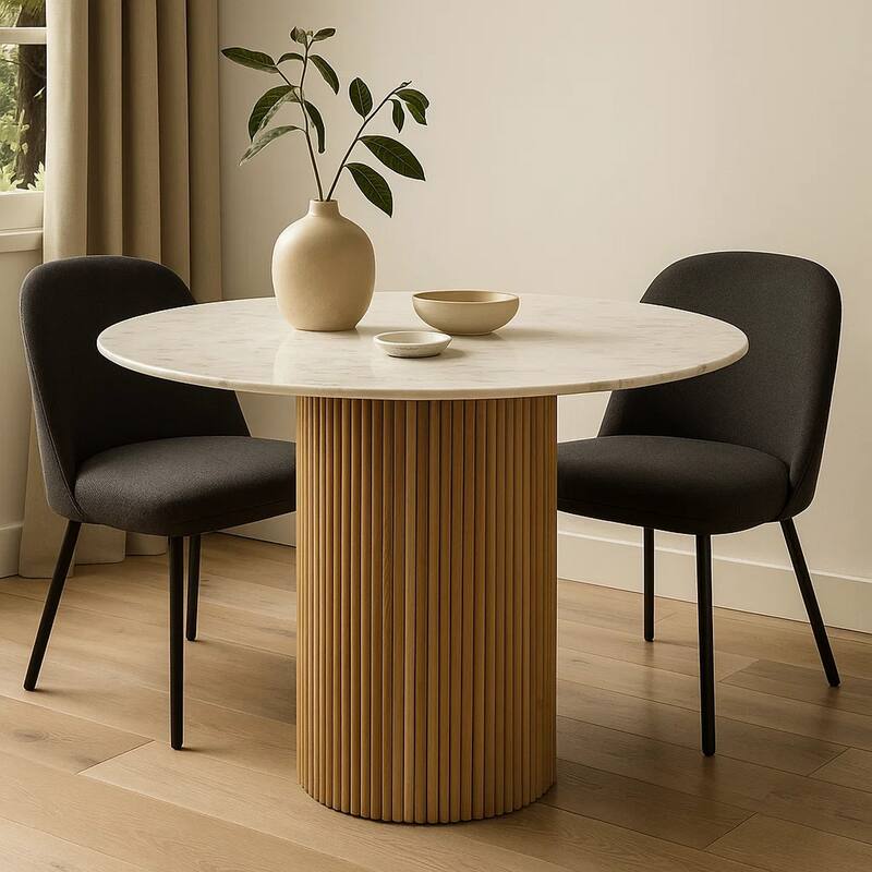 Cid Jolie Dining Table, Fluted Brown Wood, Round Carrara Marble Top, 47 Inch - Brown, White