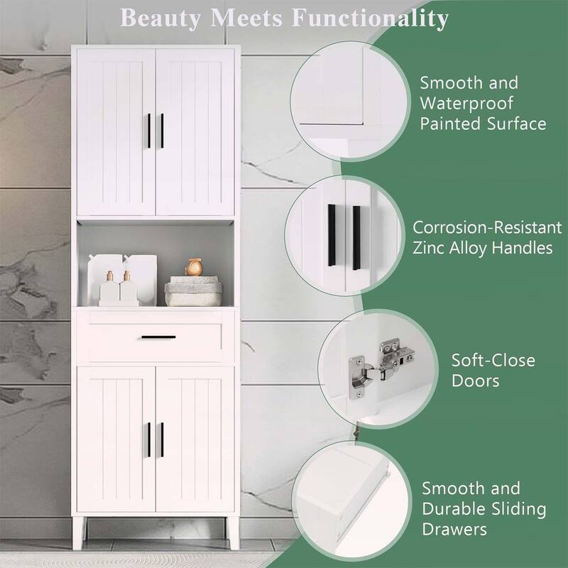 Freestanding Tall Cabinet with Drawer,2 Cabinets,4 Soft-Close Doors,and Adjustable Shelves for Versatile Storage