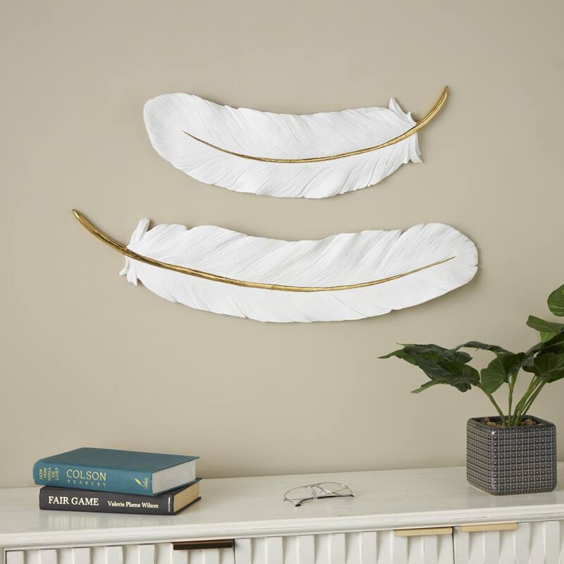 Resin Bird Feather Home Wall Decor with Gold Foil Accent - Set of 2 White - Roche River Decor