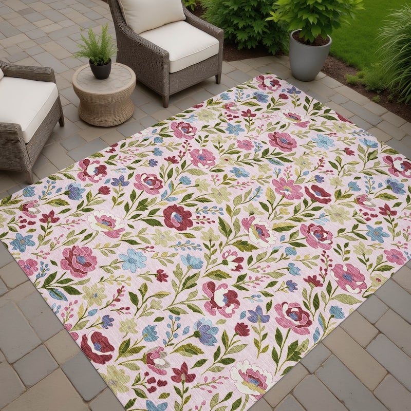 Machine Washable Indoor/ Outdoor Floral Garden Chantille Rug