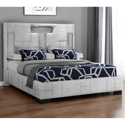 HomeRoots Black and Gray And Upholstered Lighted Queen Bed Frame with USB