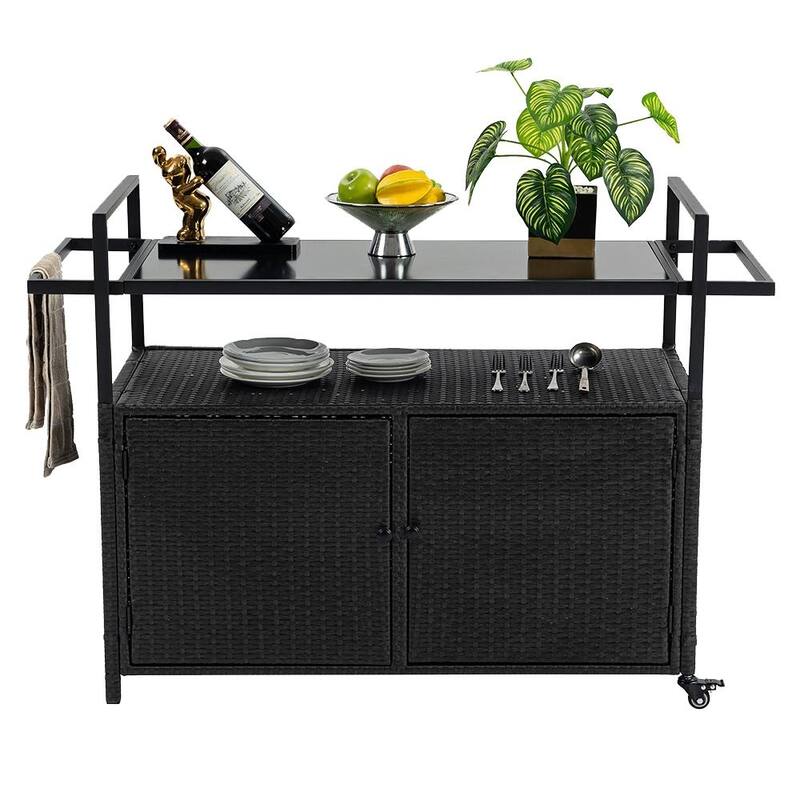Large Portable Outdoor Wicker Bar Cart, Wheels, Glass Tabletop - 51.18'' W x 19.69'' D x 35.43'' H - Black