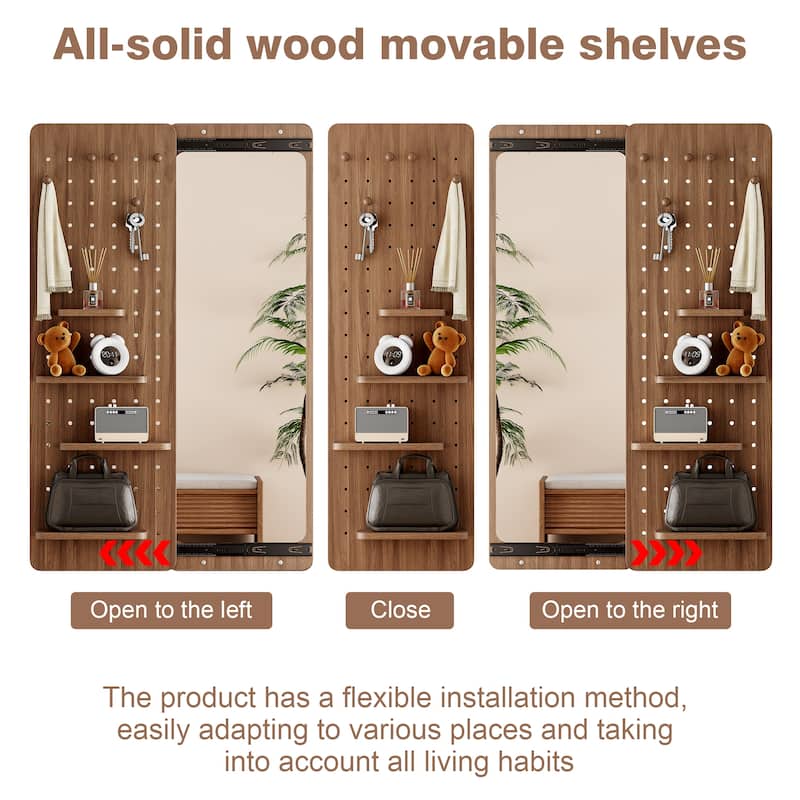 Wall Mounted Full Length Mirror with Shelf and Hook Wall Mounted Mirror with Multifunctional Design Panel(47.6*15.7in)