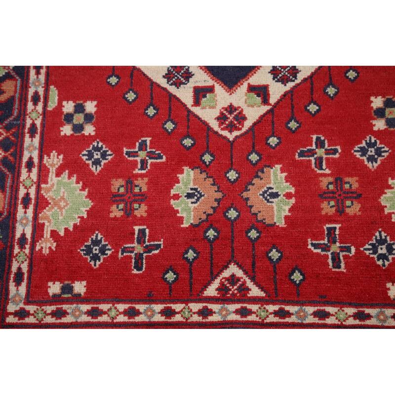 Geometric Red Kazak Oriental Foyer Rug Hand-Knotted Wool Carpet - 3'3" x 4'9"