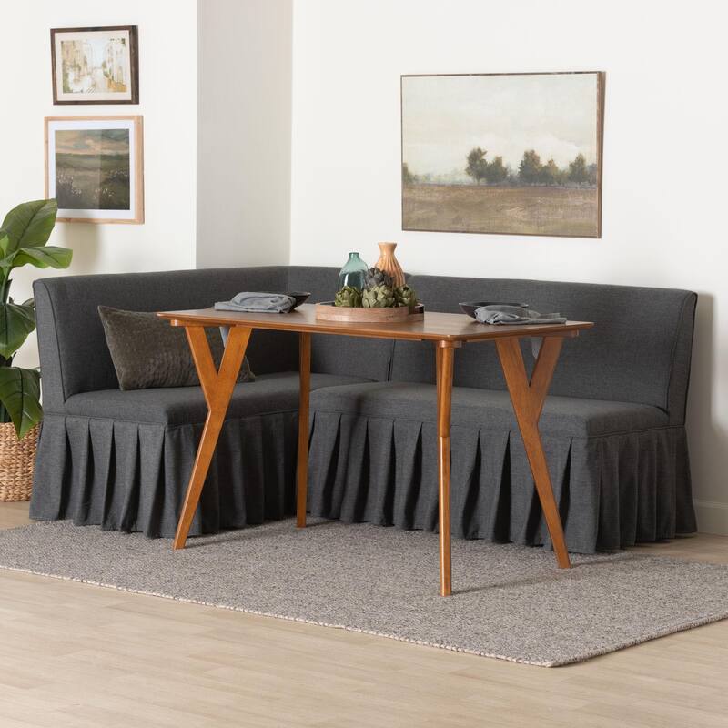 Randolph 3-Piece Fabric Upholstered Dining Nook Set - Corner Kitchen Banquette with Skirted Base, L-Shaped Breakfast Nook