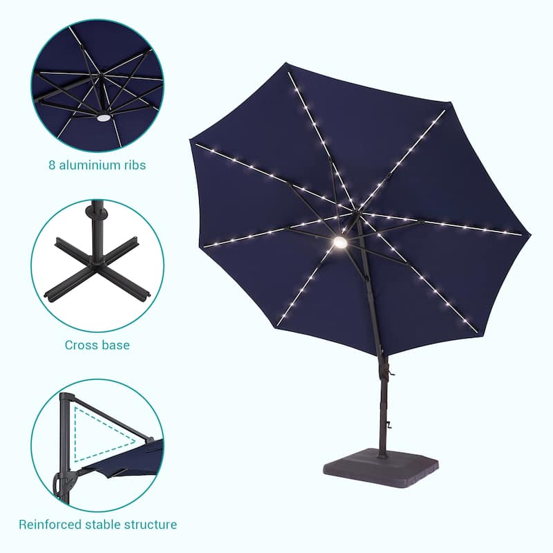 Bonosuki 11Ft Aluminum LED Cantilever Patio Umbrella with Base for Patio Deck Garden