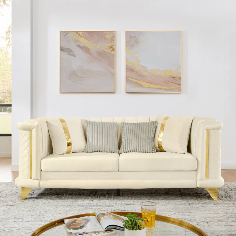 2PCS Velvet Sofa Set with Gold Trims and Embroidered Texture, Mid Century Modern Victorian Couch for Living Room, Beige