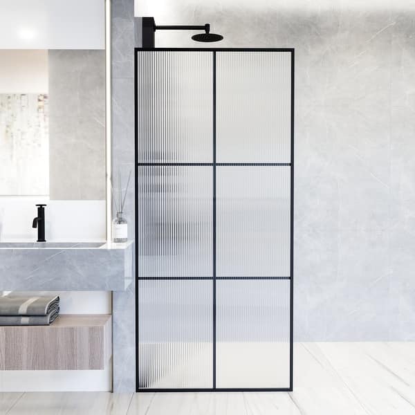Mosaic 34 in. x 74 in. Framed Fixed Shower Door in Matte Black without Handle Mosaic 34 in. x 74 in. Framed Fixed Shower Door in Matte Black without Handle