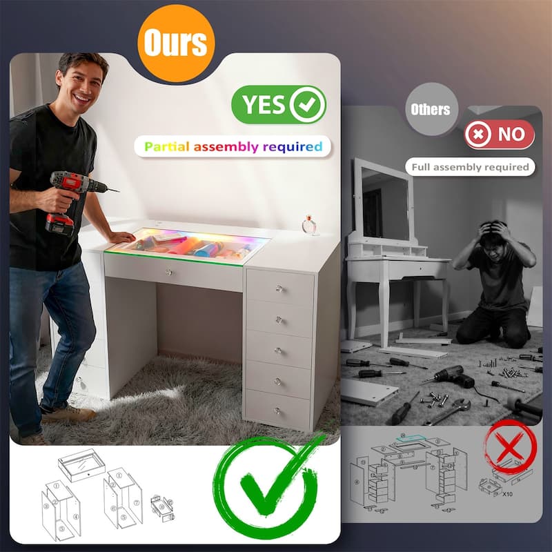 51.2" Vanity Desk with RGB LED Light Strip, Glass Top Vanity with 11 Drawers, Large Dressing Table with 6 Color Lighting Modes