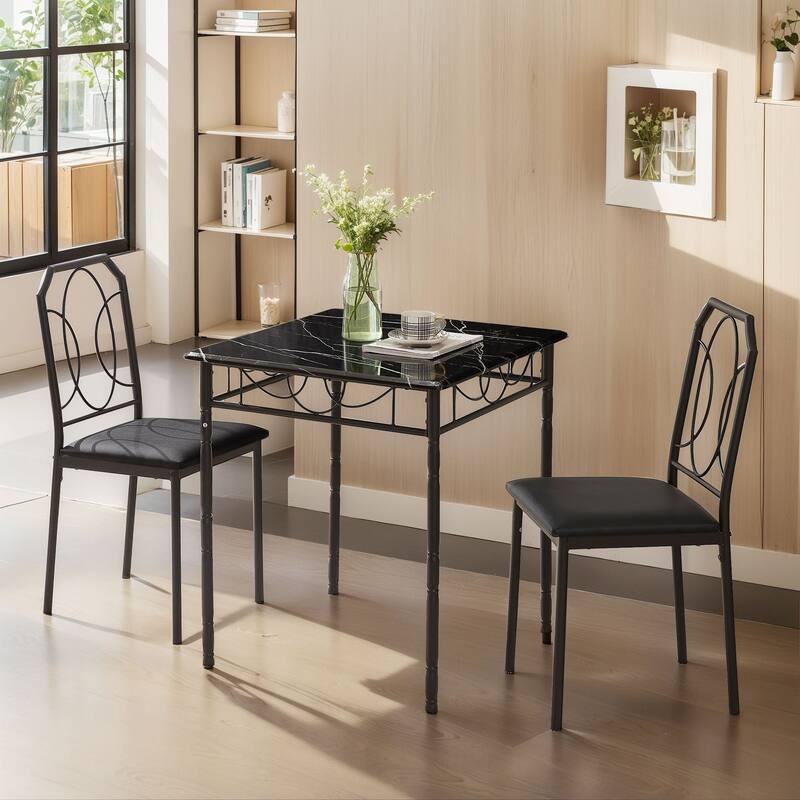 VECELO Industrial 3-Piece Space-Saving Square Dining Set MDF Table with Black PU Leather Dining Chairs Small Spaces - Black